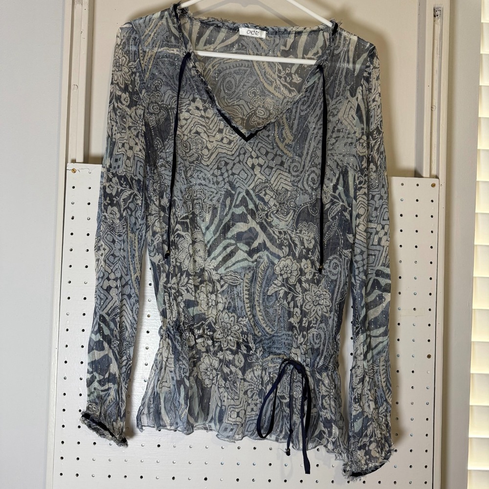 Cache Peplum Blouse Women's Blue Metallic Sheer Velvet Trim Raw Edge Top 90s Y2K